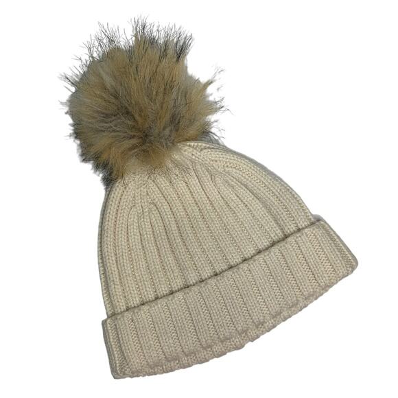 J Crew Cream Ribbed Knit Cream beanie with faux-fur pom-pom Hat - Picture 1 of 8